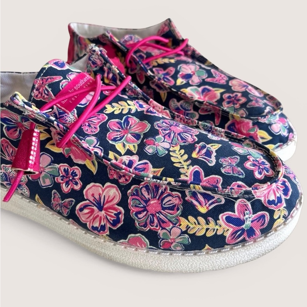 Simply Southern Navy Floral Slip-On Shoes with Pink Trim - Picture 8 of 16